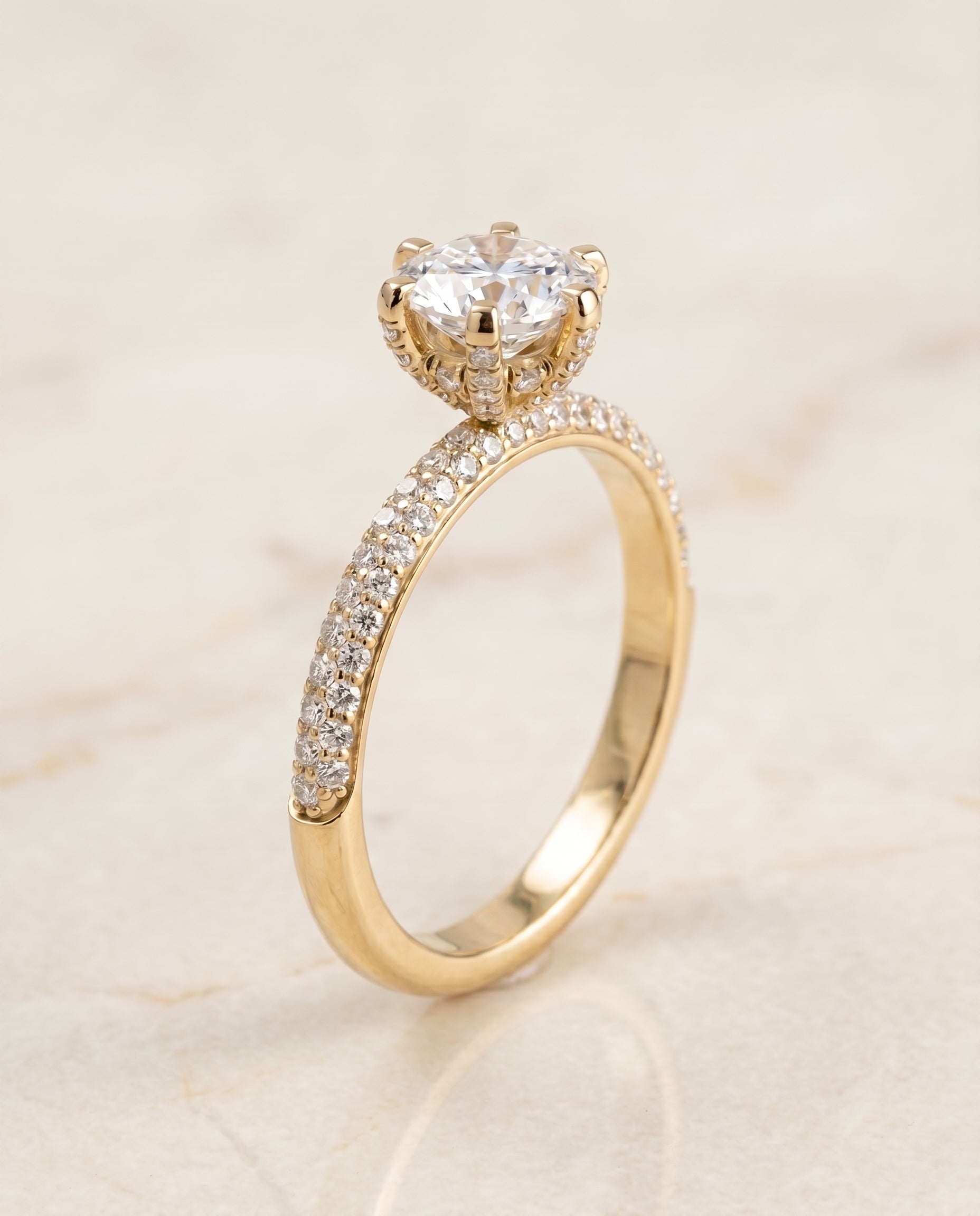 Three Row French Pavé Cut styling on The Daisy cushion engagement ring setting | RockHer