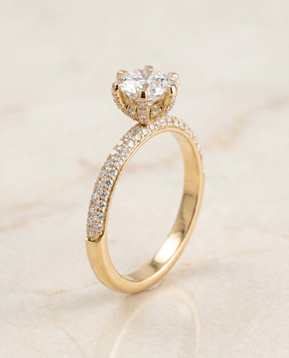 The Daisy Three Row French Pavé Cushion Cut Engagement Ring Setting in 18K Yellow Gold