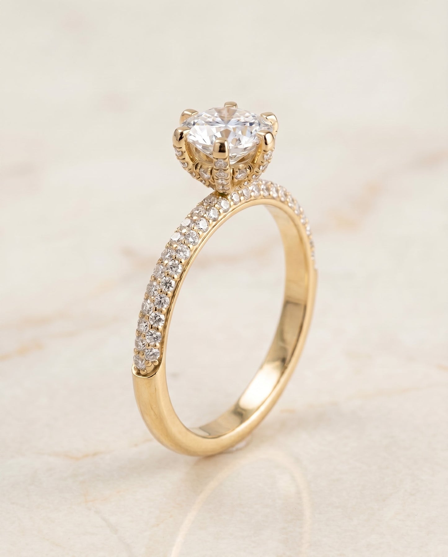 Daisy Select Pavé Cushion Cut Lab Diamond Engagement Ring in 18K Yellow Gold, front view | RockHer