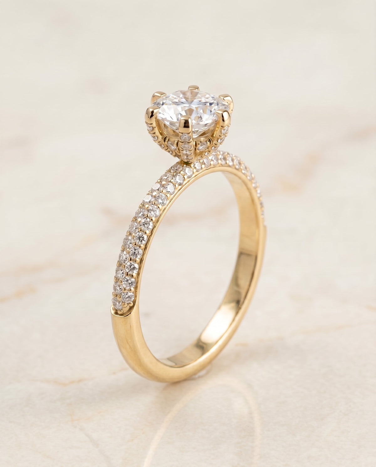 Daisy Select Pavé Cushion Cut Lab Diamond Engagement Ring in 18K Yellow Gold, front view | RockHer