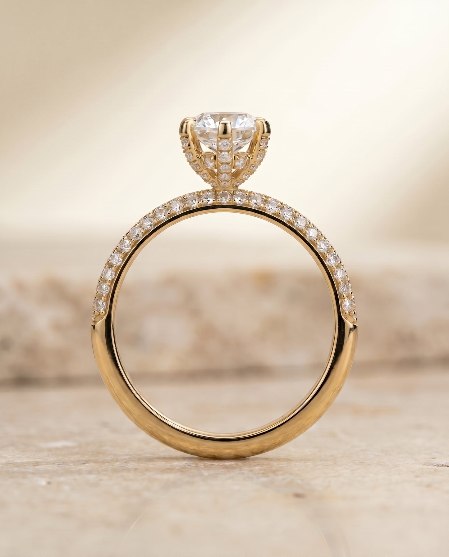 The Daisy Three Row French Pavé Cushion Cut Engagement Ring Setting in 18K Yellow Gold