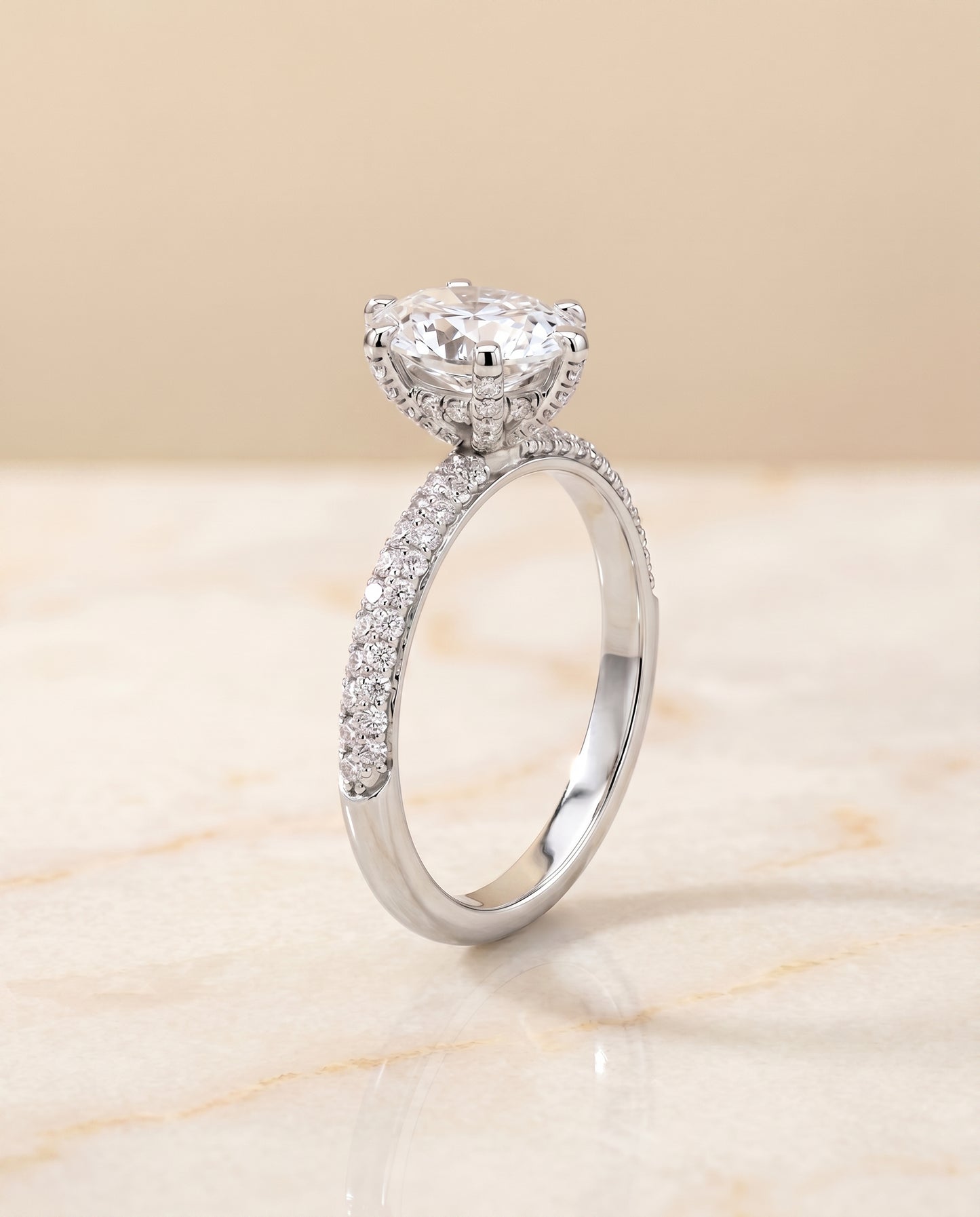 The Daisy Pavé Engagement Ring Setting for Oval Diamonds in 18K White Gold