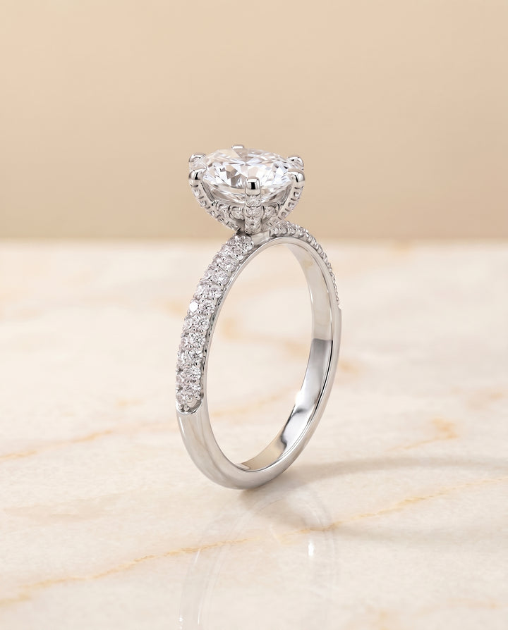 The Daisy Pavé Engagement Ring Setting for Oval Diamonds in 18K White Gold