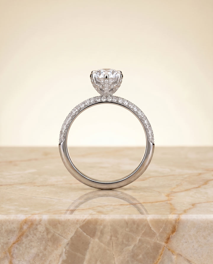 The Daisy Pavé Engagement Ring Setting for Oval Diamonds in 18K White Gold