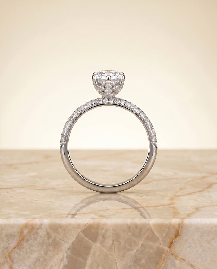Daisy Select Pavé Oval Lab Diamond Engagement Ring in 18K White Gold, side view | RockHer