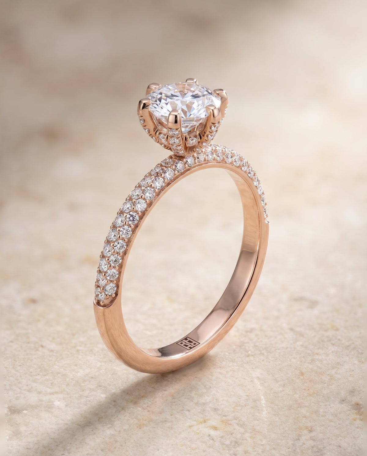 The Daisy Three Row French Pavé Cushion Cut Engagement Ring Setting in 14K Rose Gold