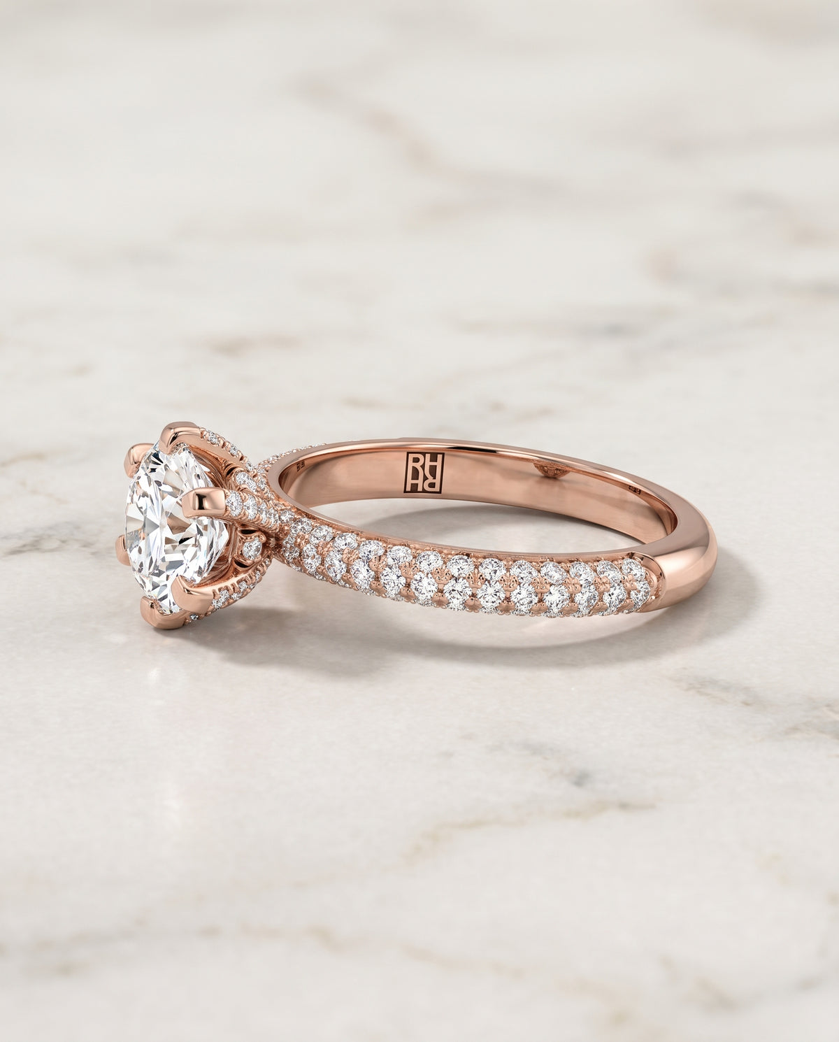 The Daisy Three Row French Pavé Cushion Cut Engagement Ring Setting in 14K Rose Gold