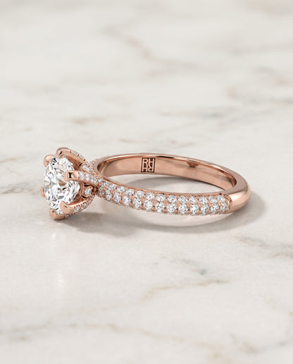 The Daisy Three Row French Pavé Cushion Cut Engagement Ring Setting in 14K Rose Gold
