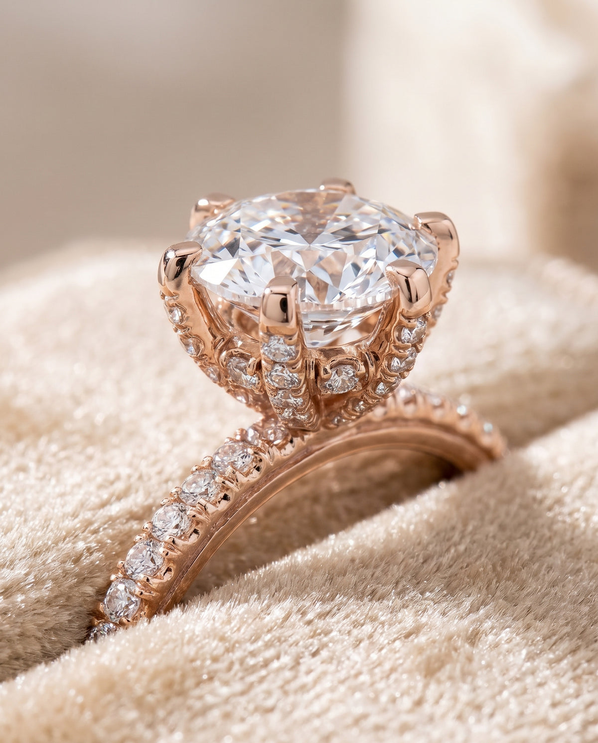 The Daisy Three Row French Pavé Cushion Cut Engagement Ring Setting in 14K Rose Gold
