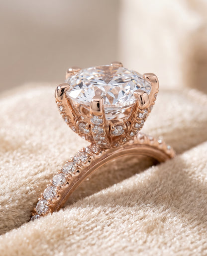 The Daisy Three Row French Pavé Cushion Cut Engagement Ring Setting in 14K Rose Gold