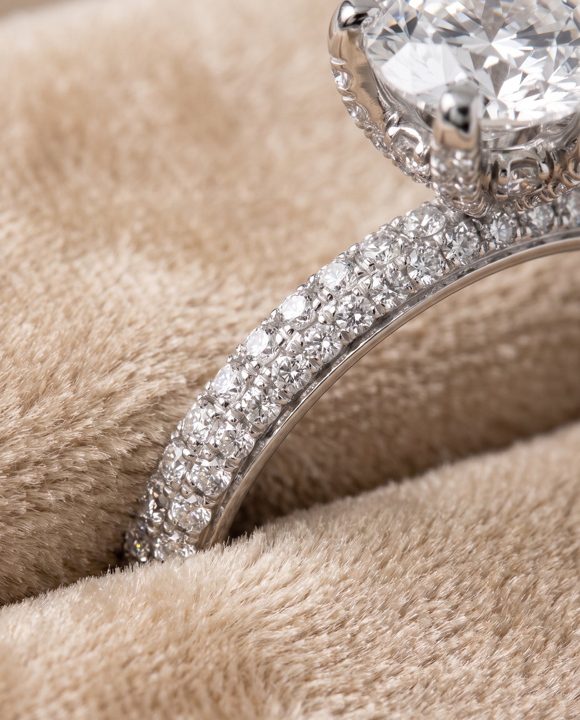 The Daisy Three Row French Pavé Cushion Cut Engagement Ring Setting in 18K White Gold