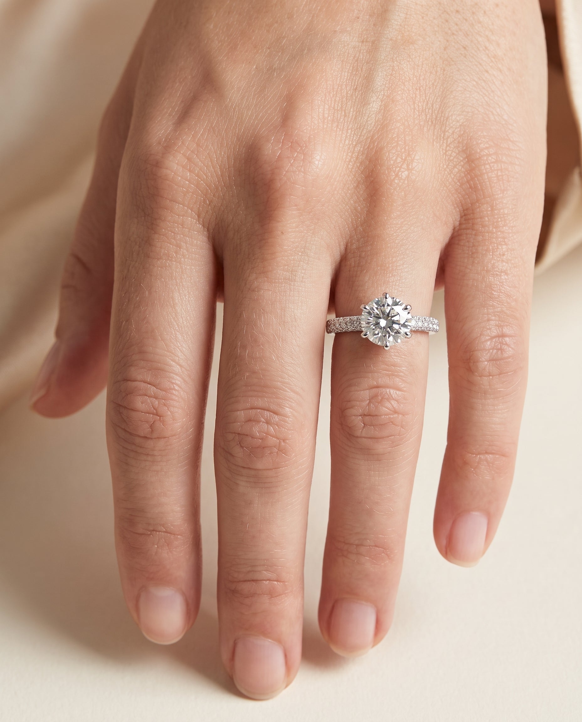 The Daisy Three Row French Pavé Cushion Cut Engagement Ring Setting in 18K White Gold