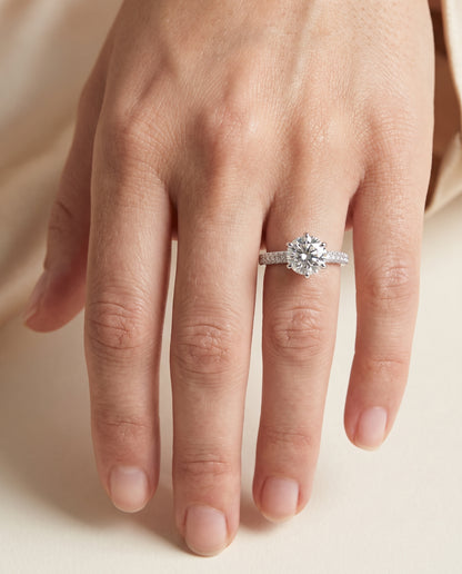 The Daisy Three Row French Pavé Cushion Cut Engagement Ring Setting in 18K White Gold