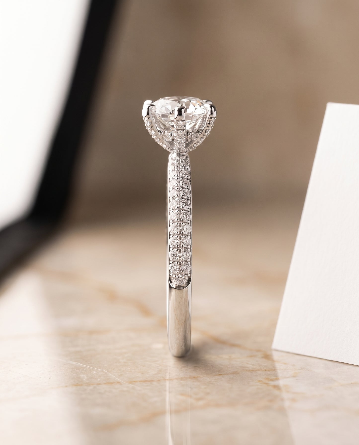 The Daisy Three Row French Pavé Cushion Cut Engagement Ring Setting in 18K White Gold