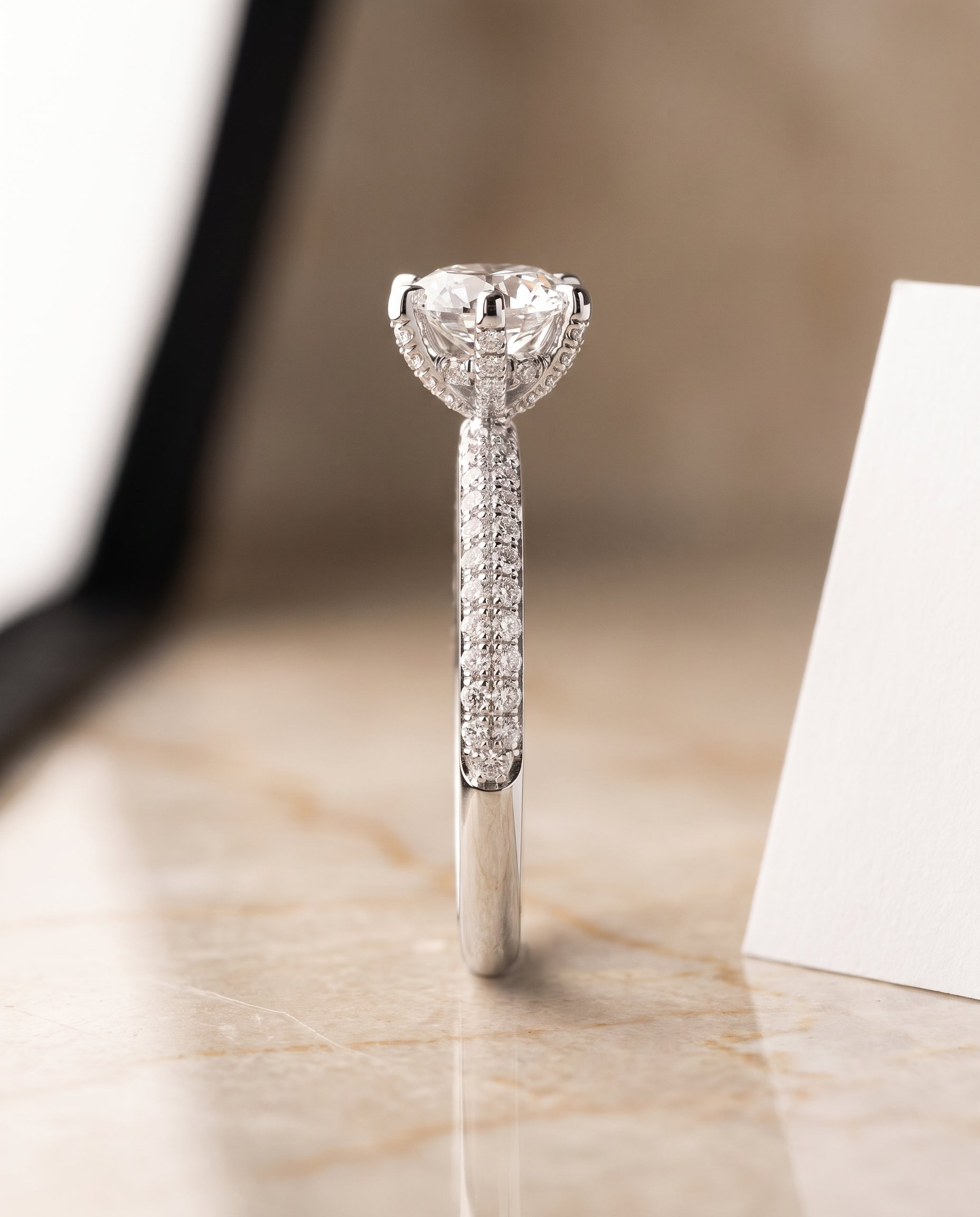 The Daisy Three Row French Pavé Cushion Cut Engagement Ring Setting in 18K White Gold