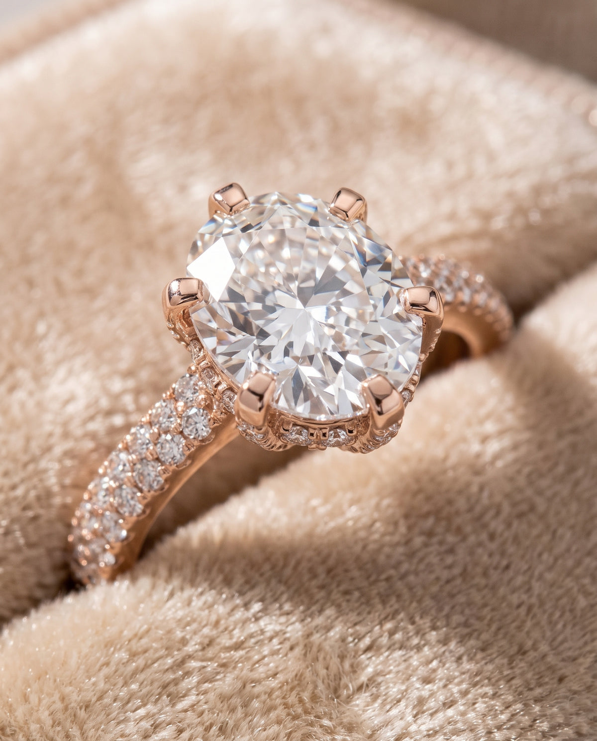 The Daisy Three Row French Pavé Oval Engagement Ring Setting in 14K Rose Gold
