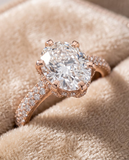 The Daisy Three Row French Pavé Oval Engagement Ring Setting in 14K Rose Gold
