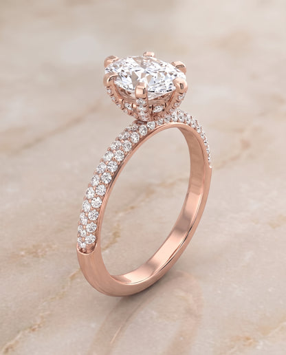 The Daisy Three Row French Pavé Oval Engagement Ring Setting in 14K Rose Gold