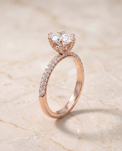 The Daisy Three Row French Pavé Oval Engagement Ring Setting in 14K Rose Gold