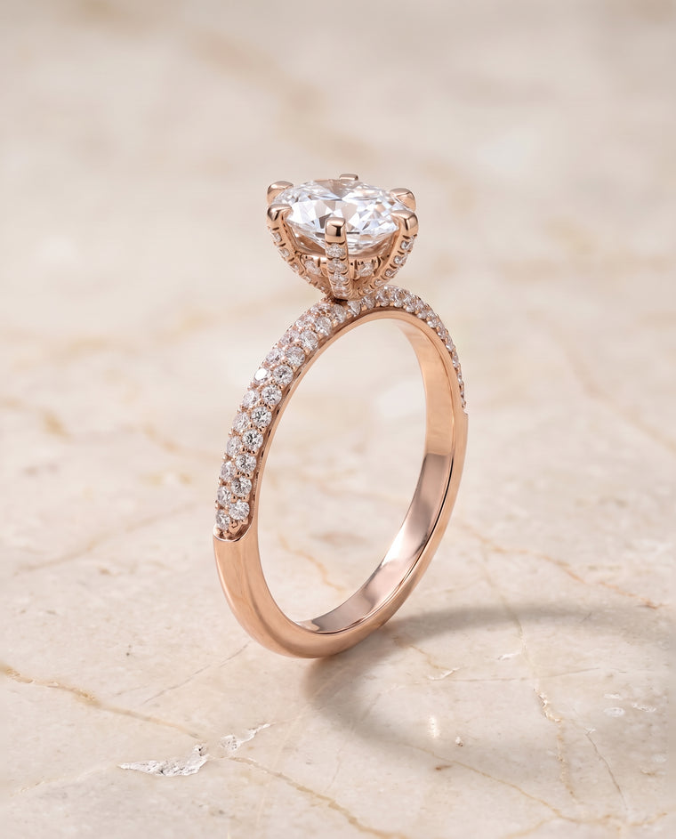 The Daisy Three Row French Pavé Oval Engagement Ring Setting in 14K Rose Gold
