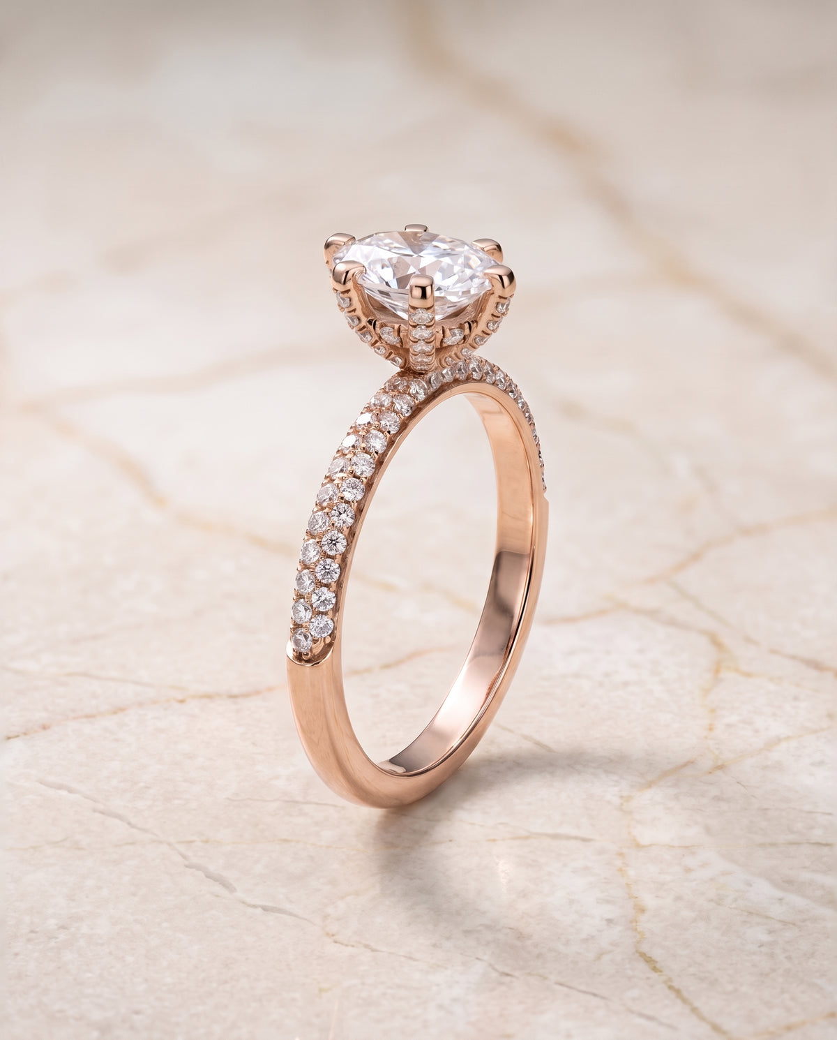 The Daisy Three Row French Pavé Oval Engagement Ring Setting in 14K Rose Gold