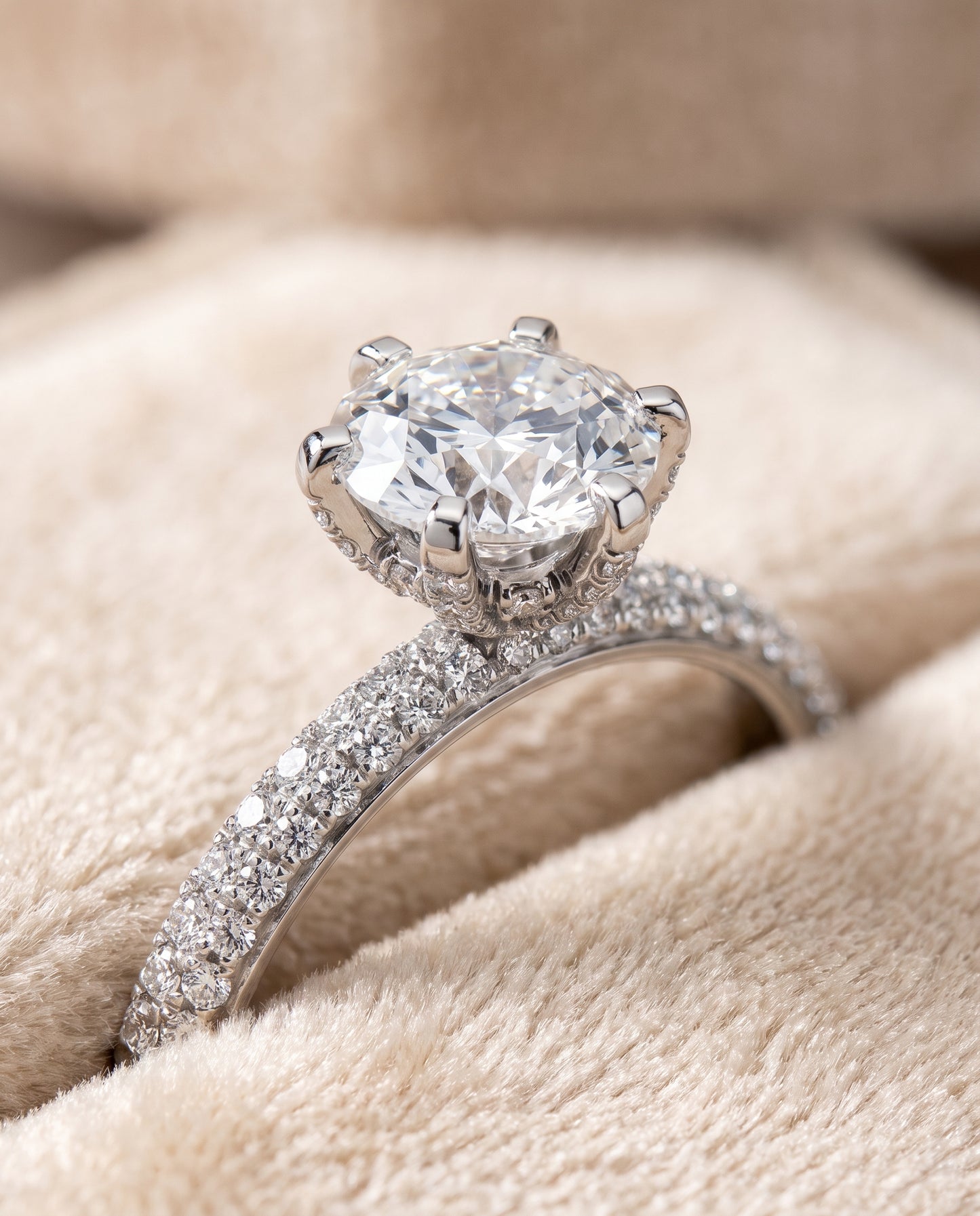 The Daisy Three Row French Pavé Round Engagement Ring Setting in 18K White Gold