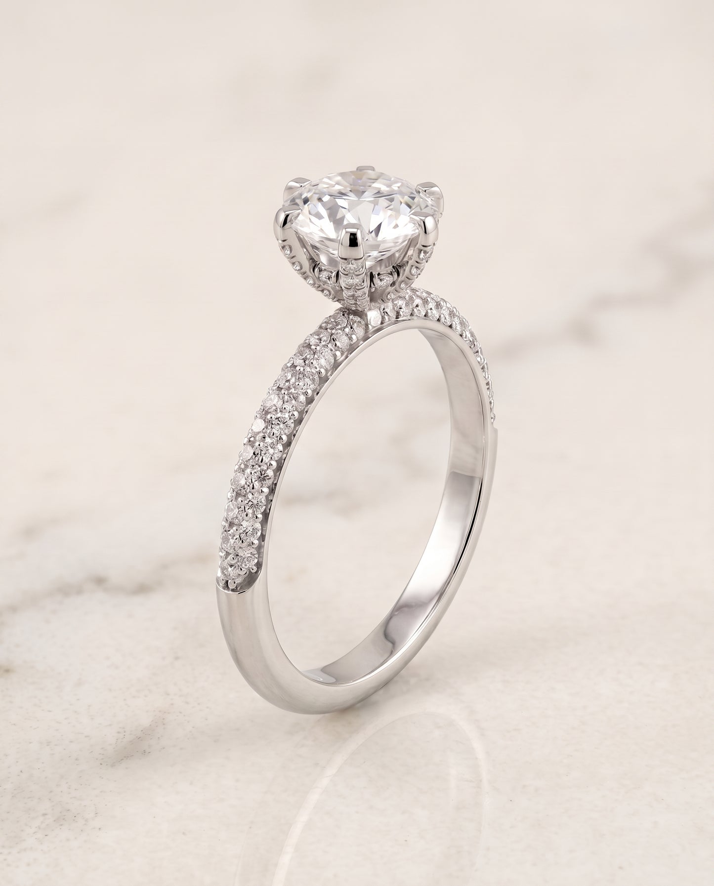 The Daisy Three Row French Pavé Round Engagement Ring Setting in 18K White Gold