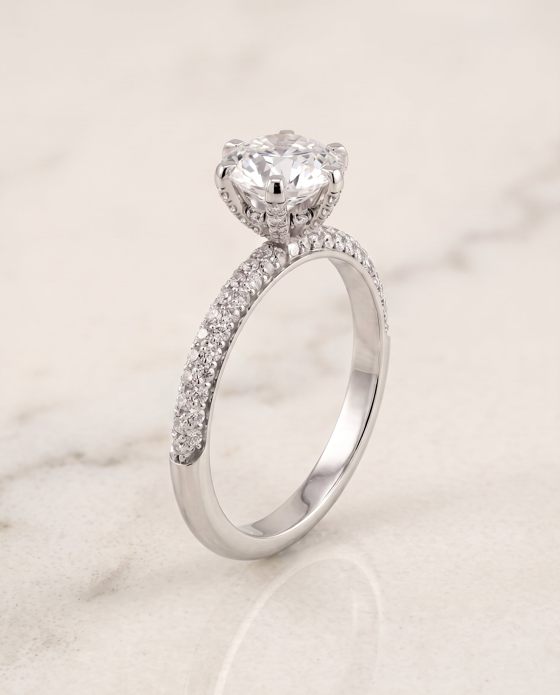 The Daisy Three Row French Pavé Round Engagement Ring Setting in 18K White Gold