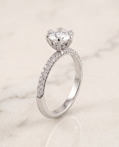 The Daisy Three Row French Pavé Round Engagement Ring Setting in 18K White Gold