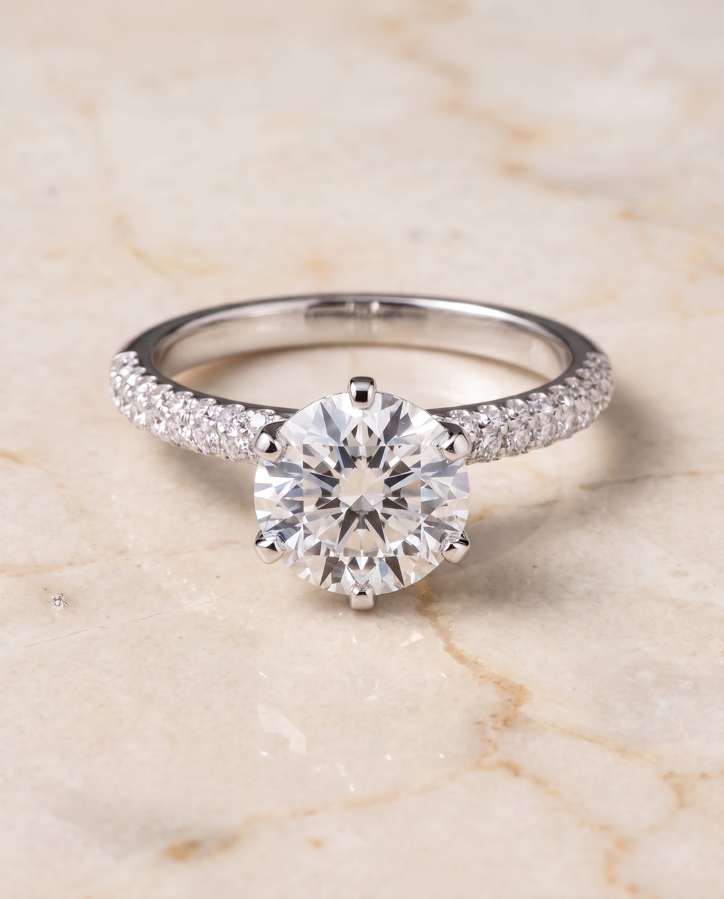 The Daisy Three Row French Pavé Round Engagement Ring Setting in 18K White Gold