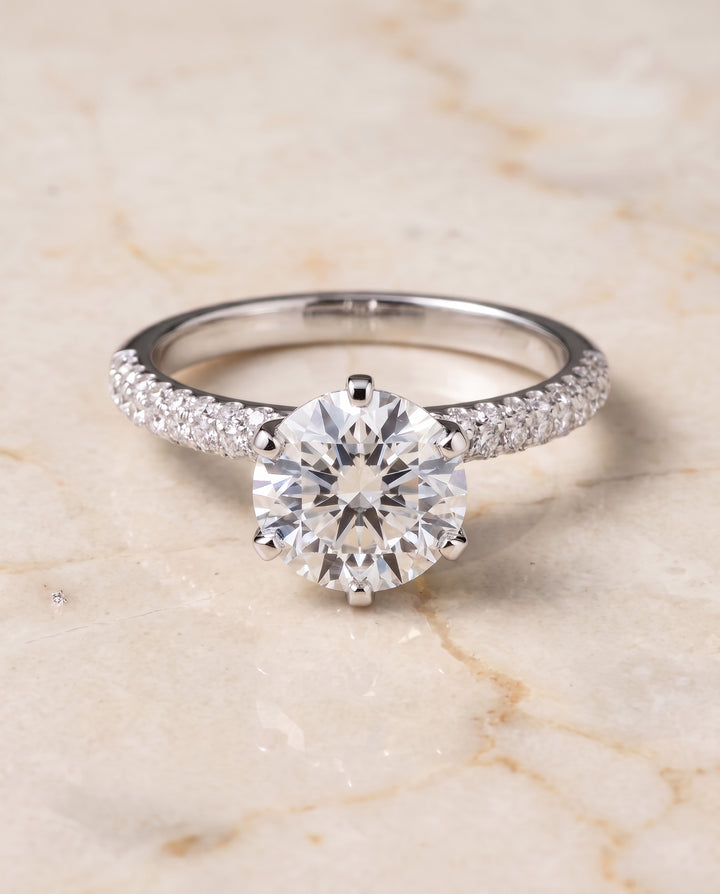 The Daisy Three Row French Pavé Round Engagement Ring Setting in 18K White Gold
