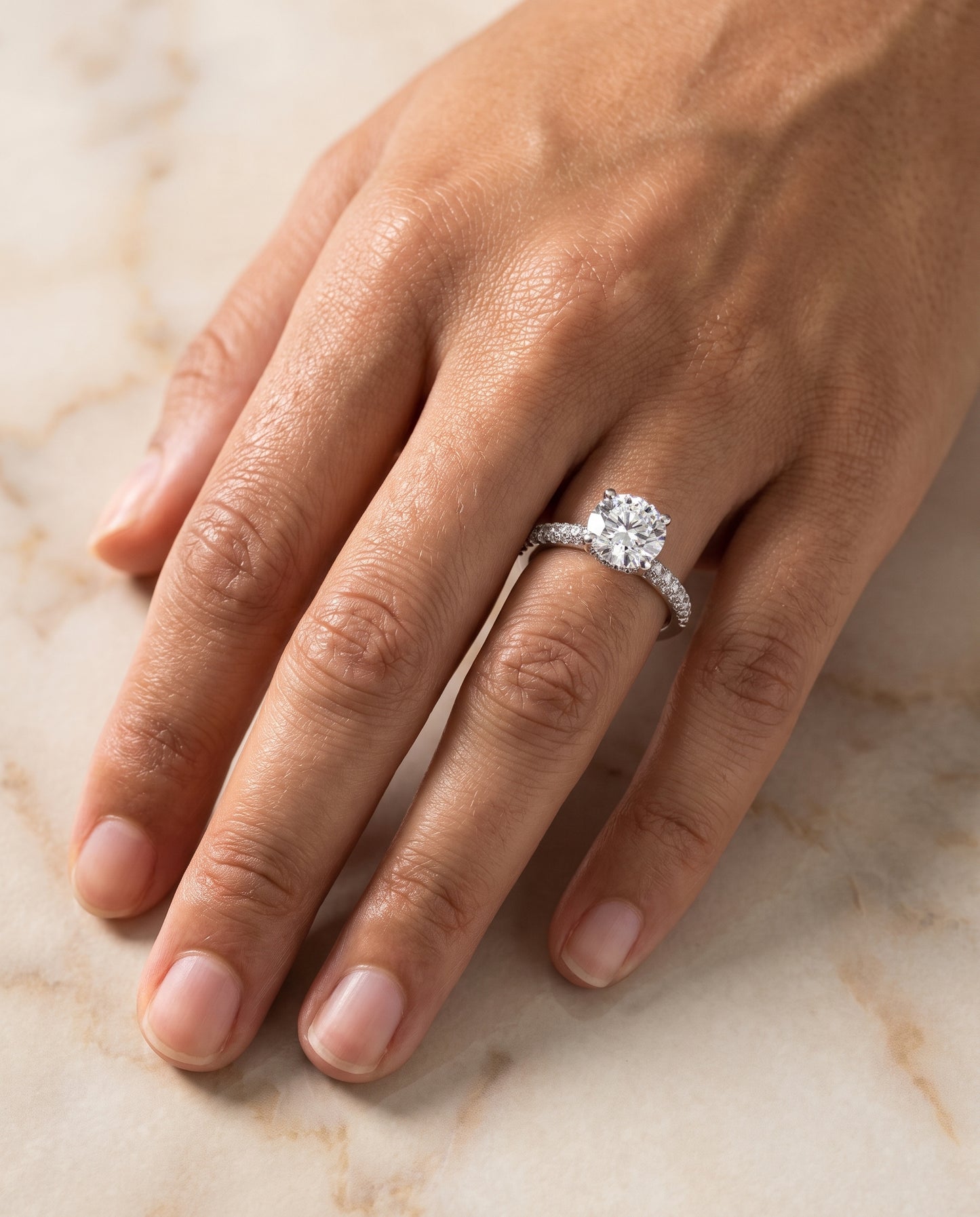 The Daisy Three Row French Pavé Round Engagement Ring Setting in 18K White Gold