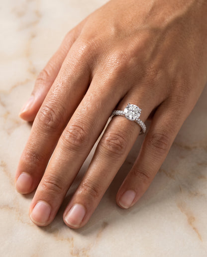 The Daisy Three Row French Pavé Round Engagement Ring Setting in 18K White Gold