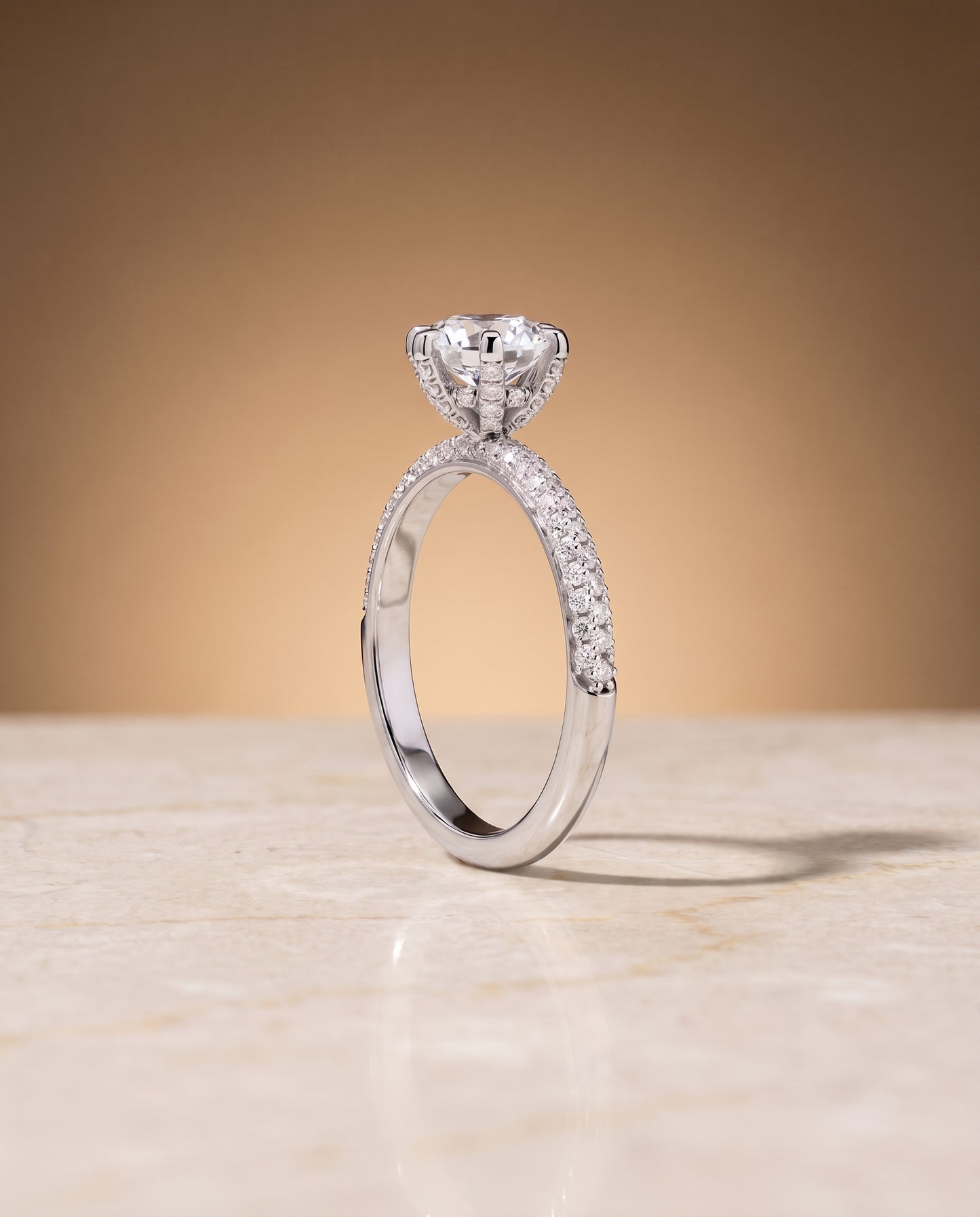 The Daisy Three Row French Pavé Round Engagement Ring Setting in 18K White Gold