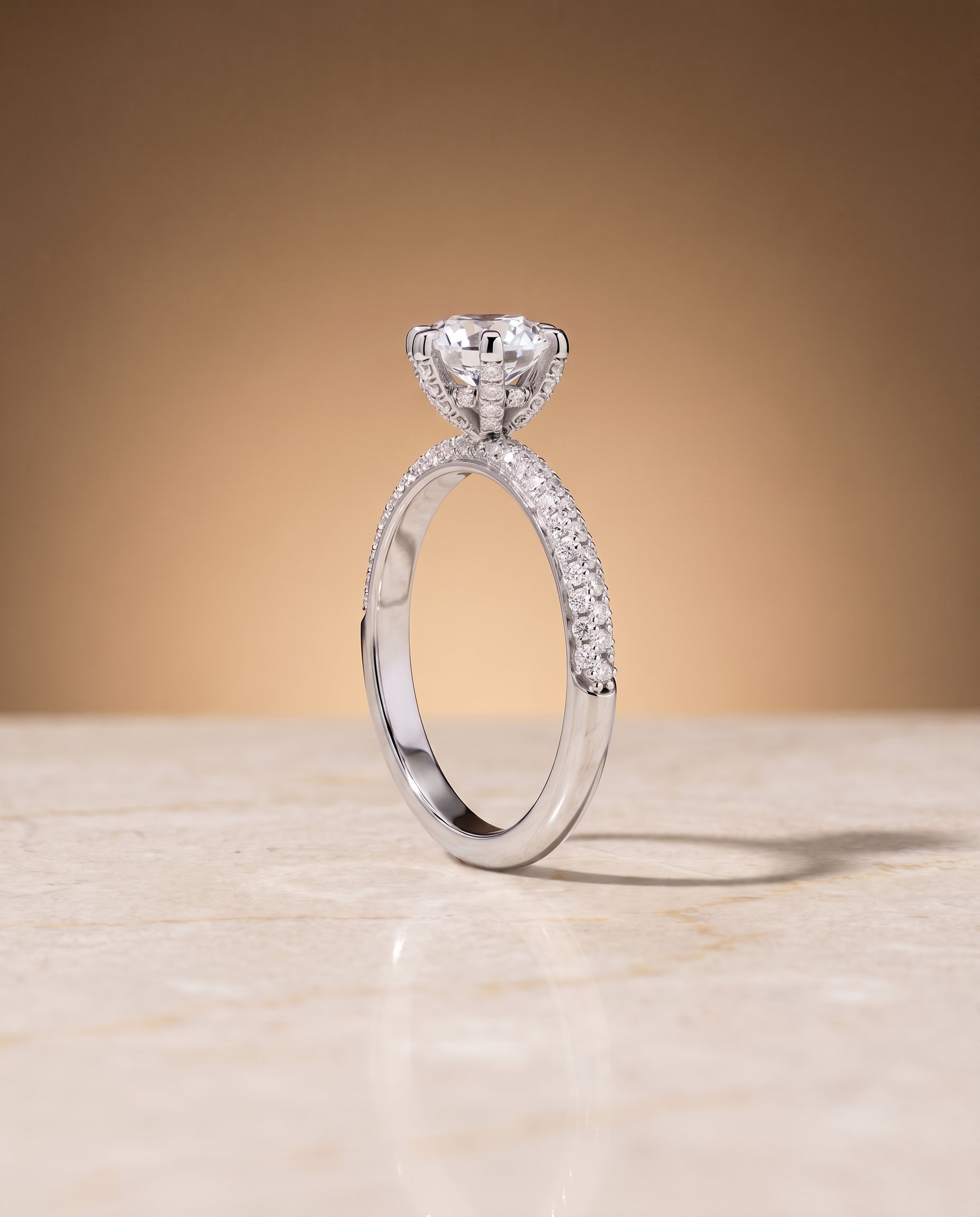 The Daisy Three Row French Pavé Round Engagement Ring Setting in 18K White Gold