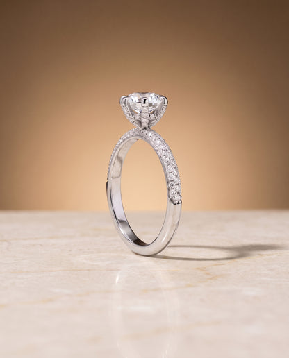 The Daisy Three Row French Pavé Round Engagement Ring Setting in 18K White Gold