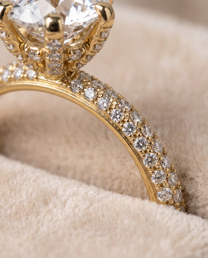 The Daisy Three Row French Pavé Round Engagement Ring Setting in 18K Yellow Gold
