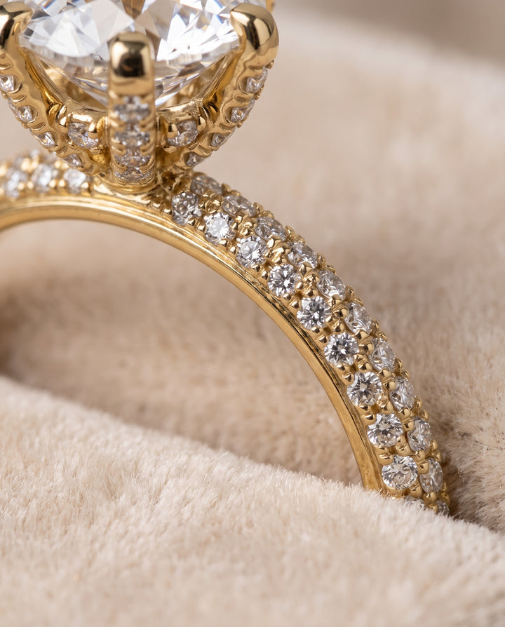 The Daisy Three Row French Pavé Round Engagement Ring Setting in 18K Yellow Gold