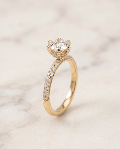 The Daisy Three Row French Pavé Round Engagement Ring Setting in 18K Yellow Gold