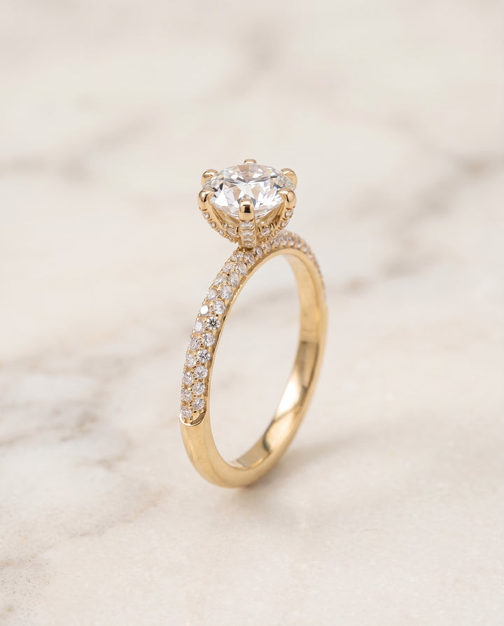 The Daisy Three Row French Pavé Round Engagement Ring Setting in 18K Yellow Gold
