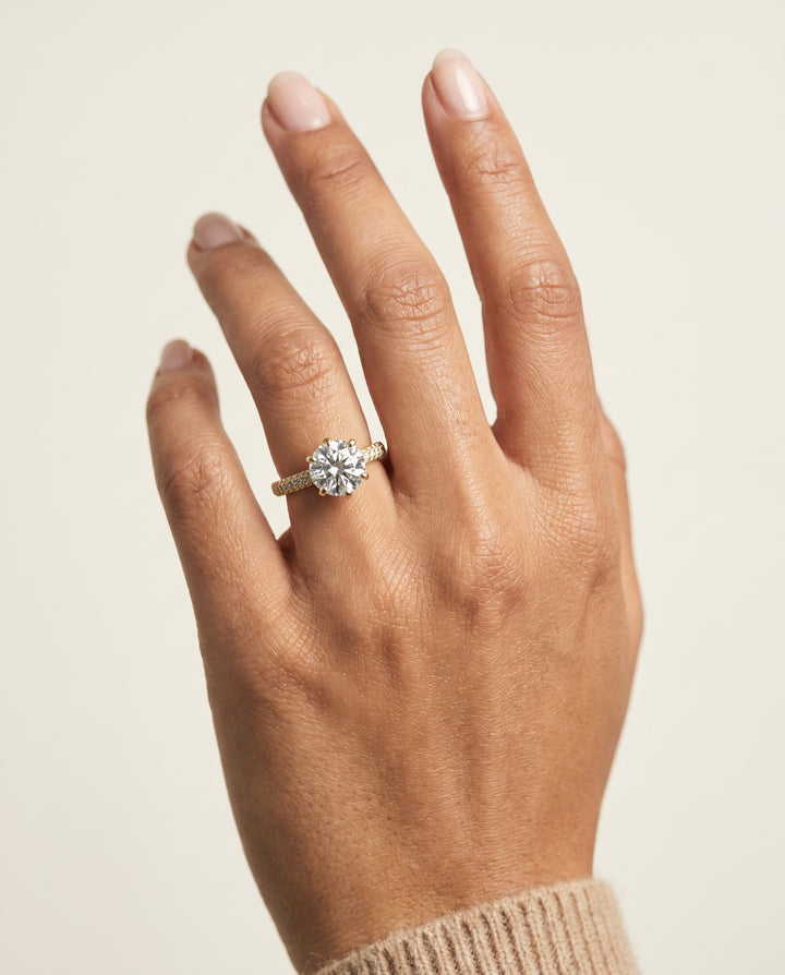 The Daisy Three Row French Pavé Round Engagement Ring Setting in 18K Yellow Gold