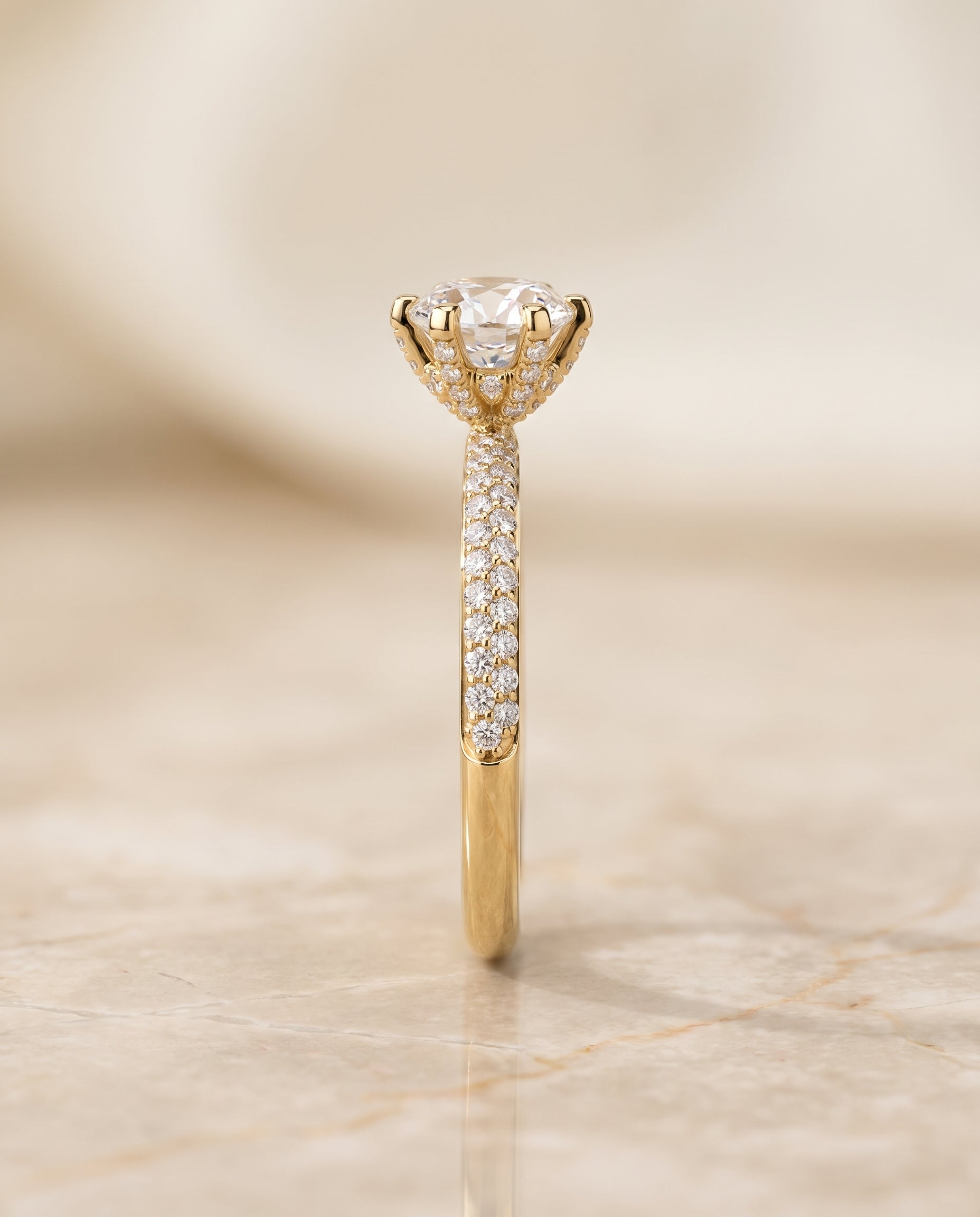 Three Row French Pavé styling on The Daisy round engagement ring setting | RockHer