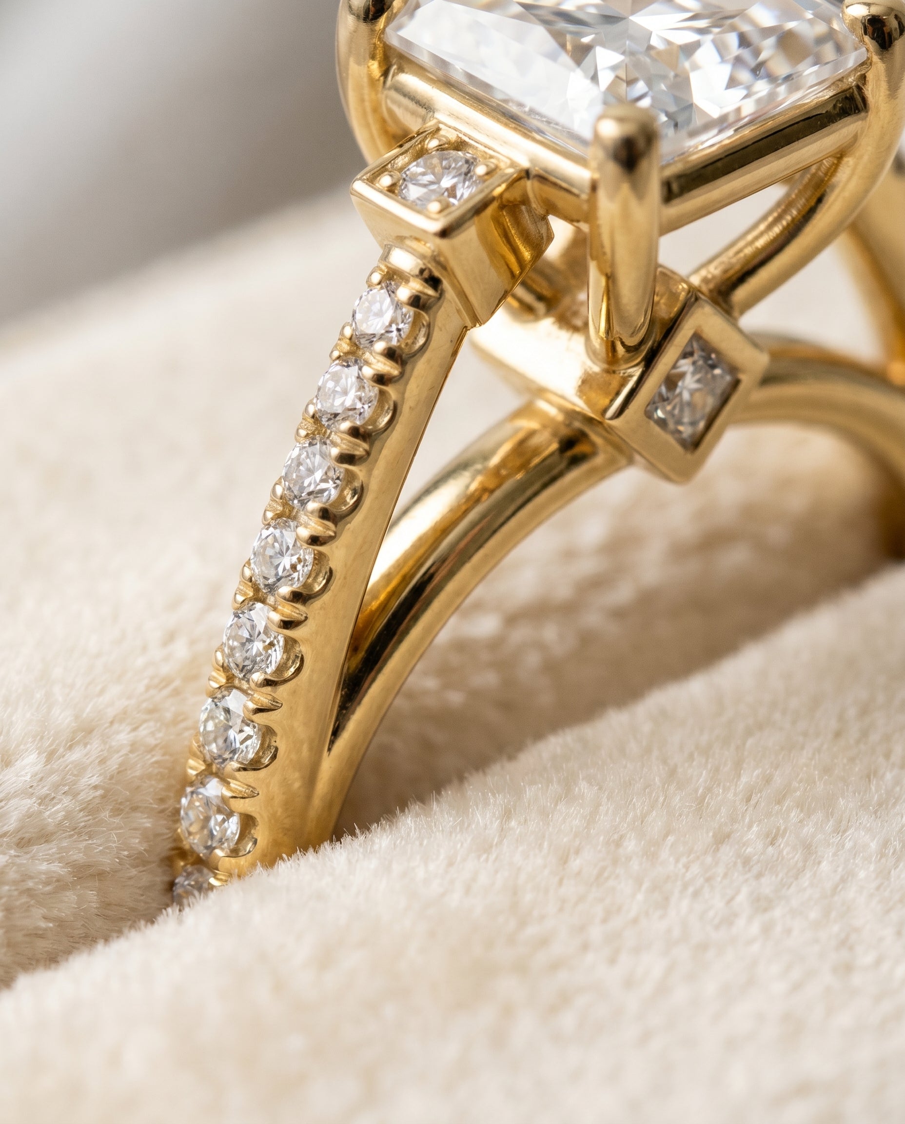 Demi Select Delicate Split Shank Pavé Princess Cut Lab Diamond Engagement Ring in 18K Yellow Gold, detail view | RockHer