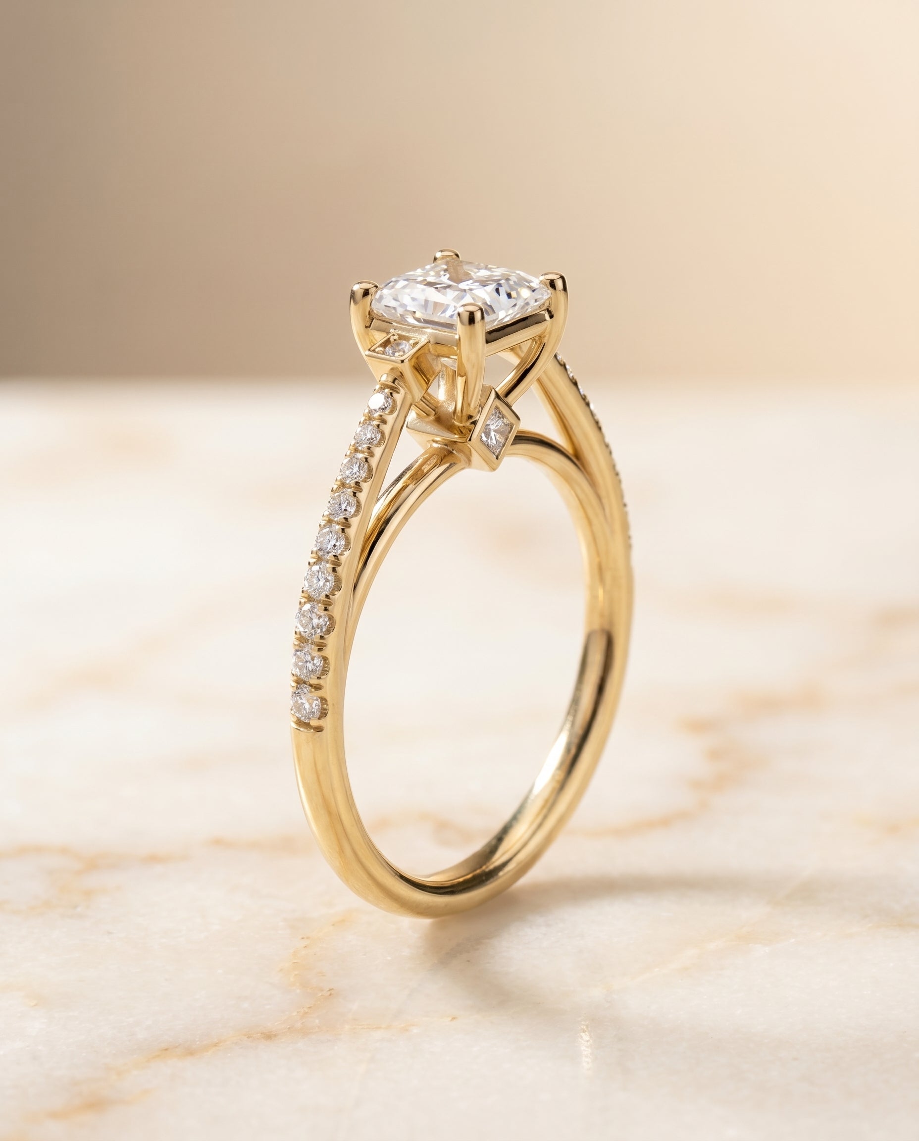 Delicate Split Shank Pavé Princess, in 18K Yellow Gold, pave setting – front view | RockHer