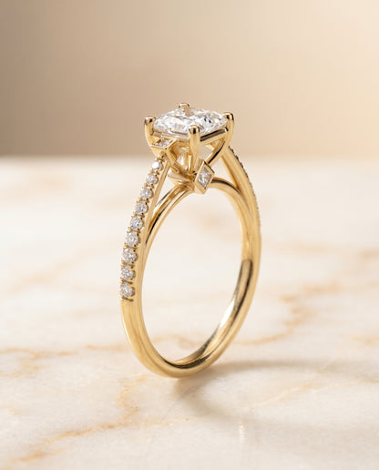 Delicate Split Shank Pavé Princess, in 18K Yellow Gold, pave setting – front view | RockHer