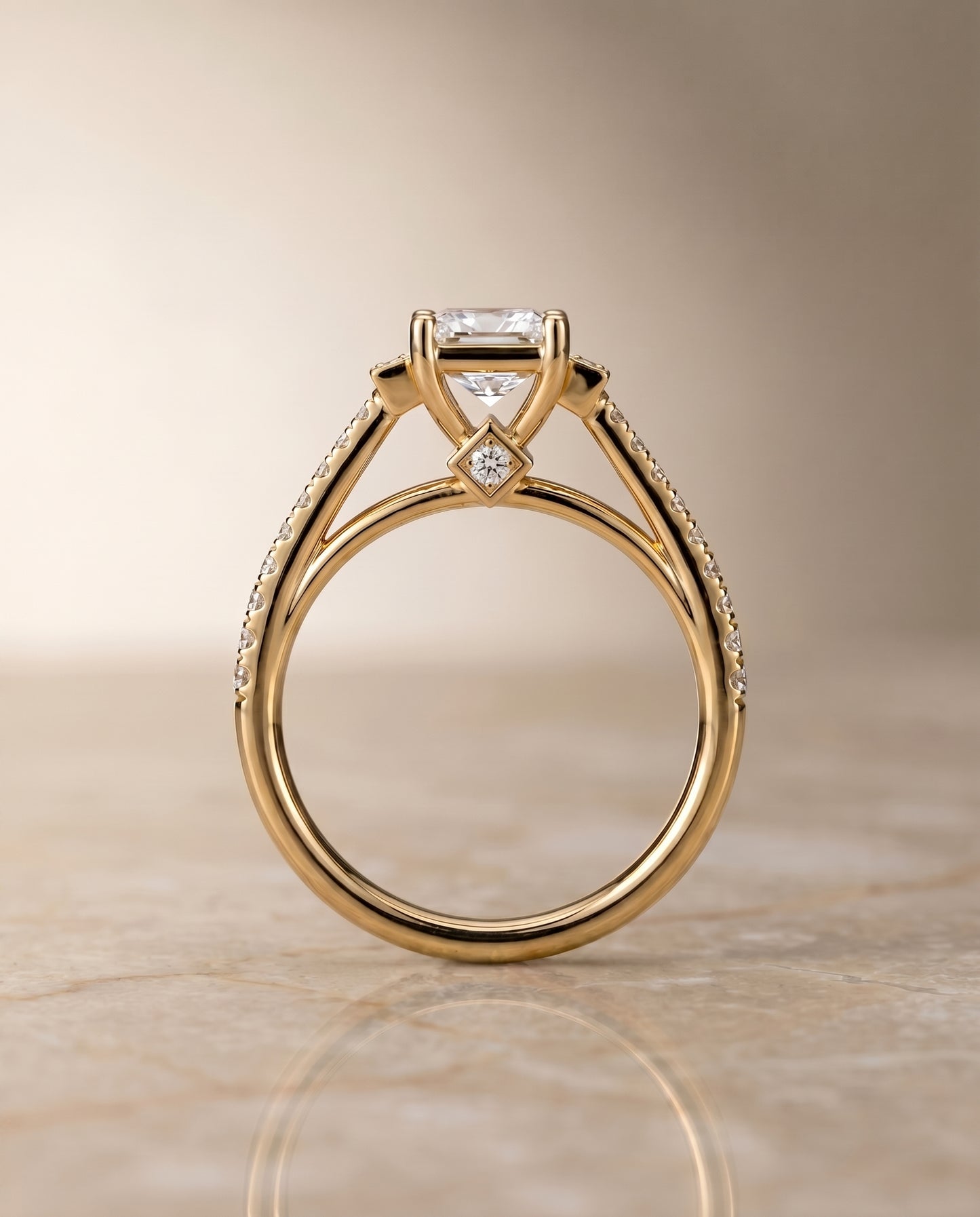 Delicate Split Shank Pavé Princess, in 18K Yellow Gold, pave setting – side profile | RockHer