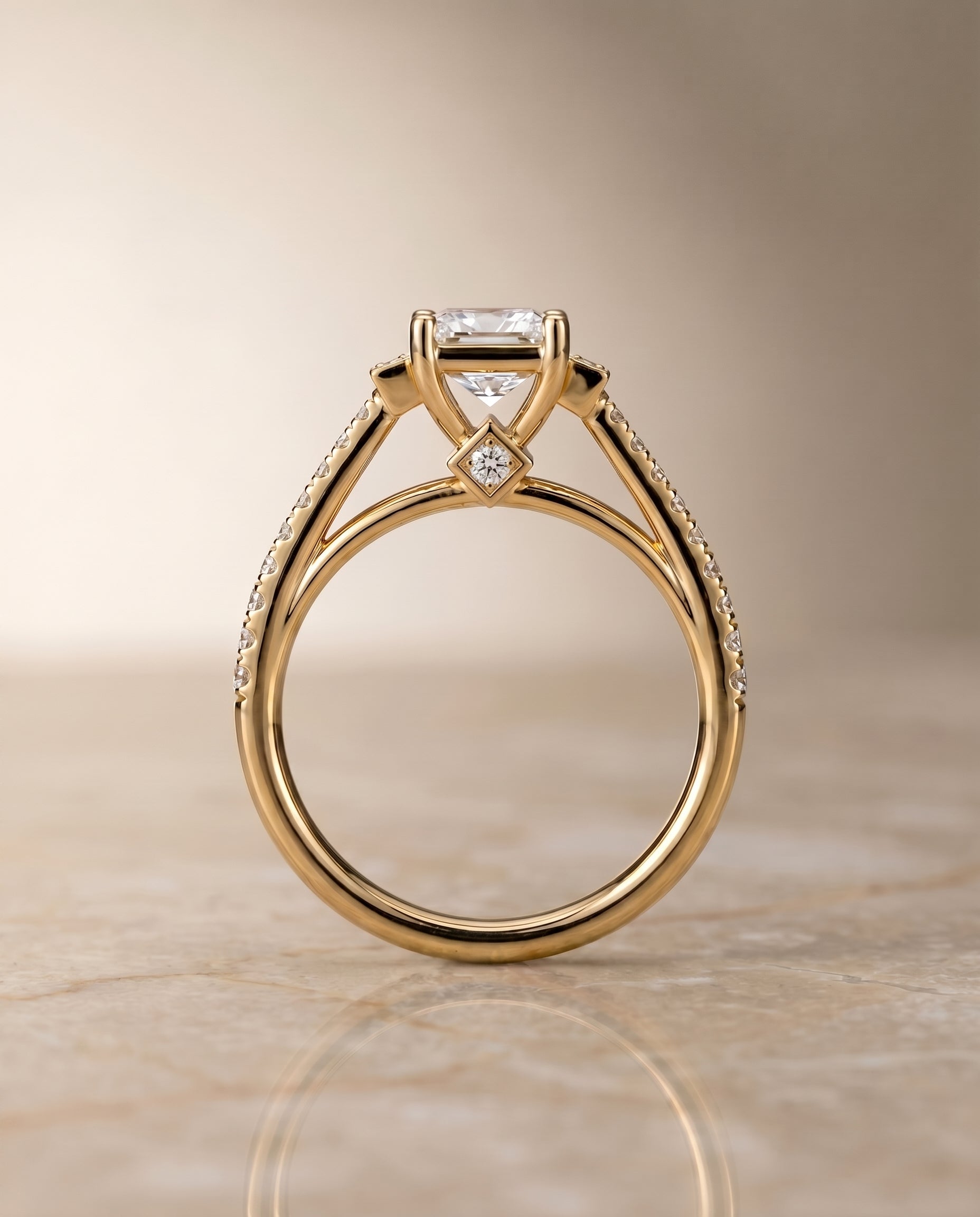 The Demi delicate split shank pavé engagement ring setting, shown in 18K Yellow Gold | RockHer