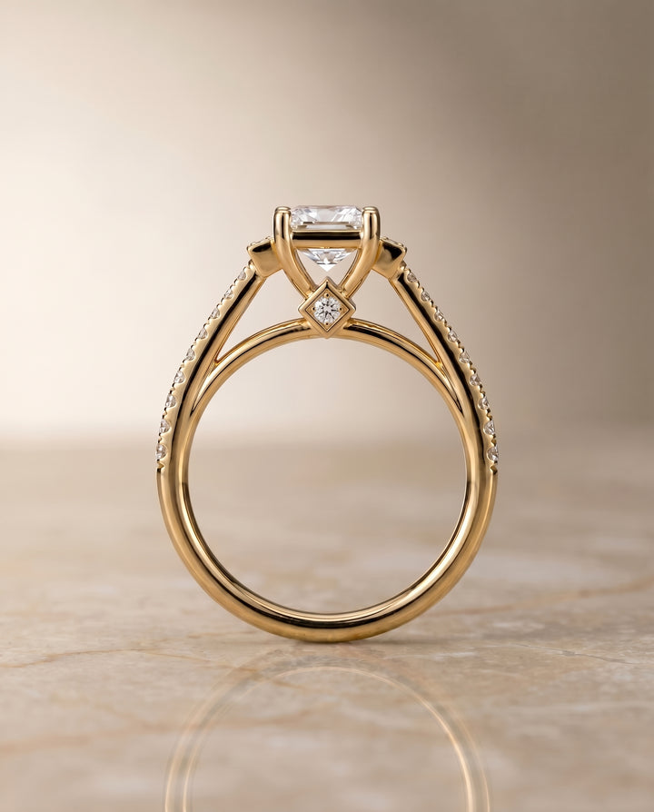 Delicate Split Shank Pavé Princess, in 18K Yellow Gold, pave setting – side profile | RockHer
