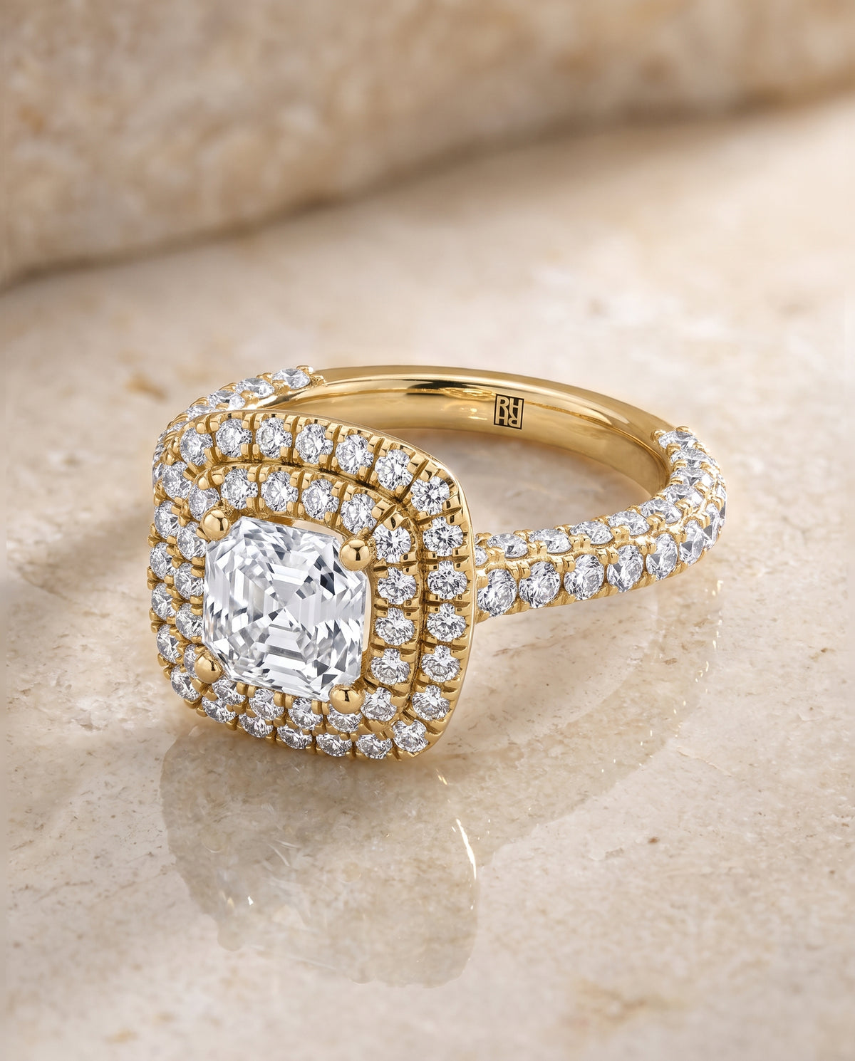 The Dinah Double Halo Asscher Cut Engagement Ring Setting in 18K Yellow Gold