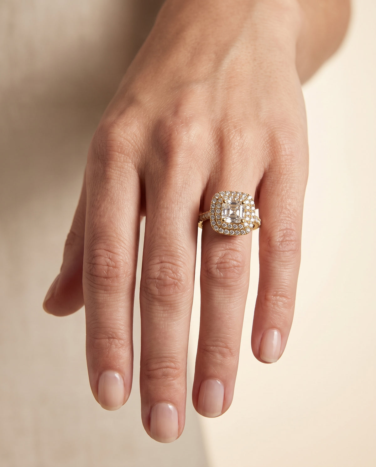 The Dinah Double Halo Asscher Cut Engagement Ring Setting in 18K Yellow Gold